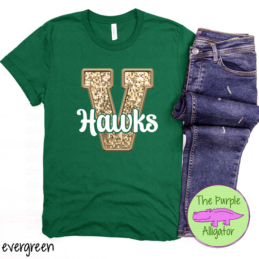 V Hawks Faux Sequin Faux Embroidery Mascot School Spirit (d2f TPA)