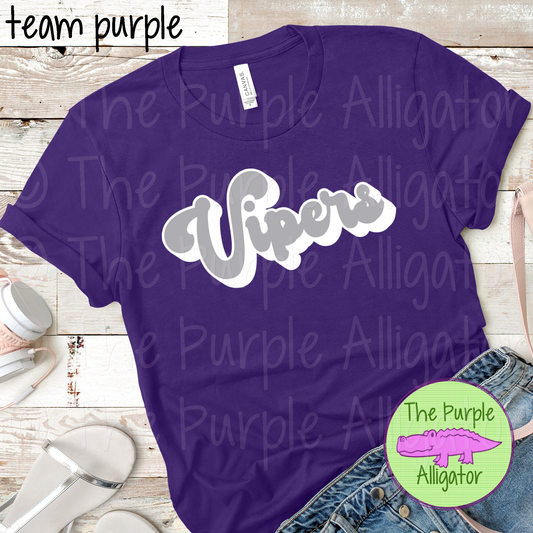 Vipers 3D Mascot Retro Script Spirit Wear Design for Teachers, Students and Fans - CHOOSE YOUR DESIGN COLORS (d2f TPA)
