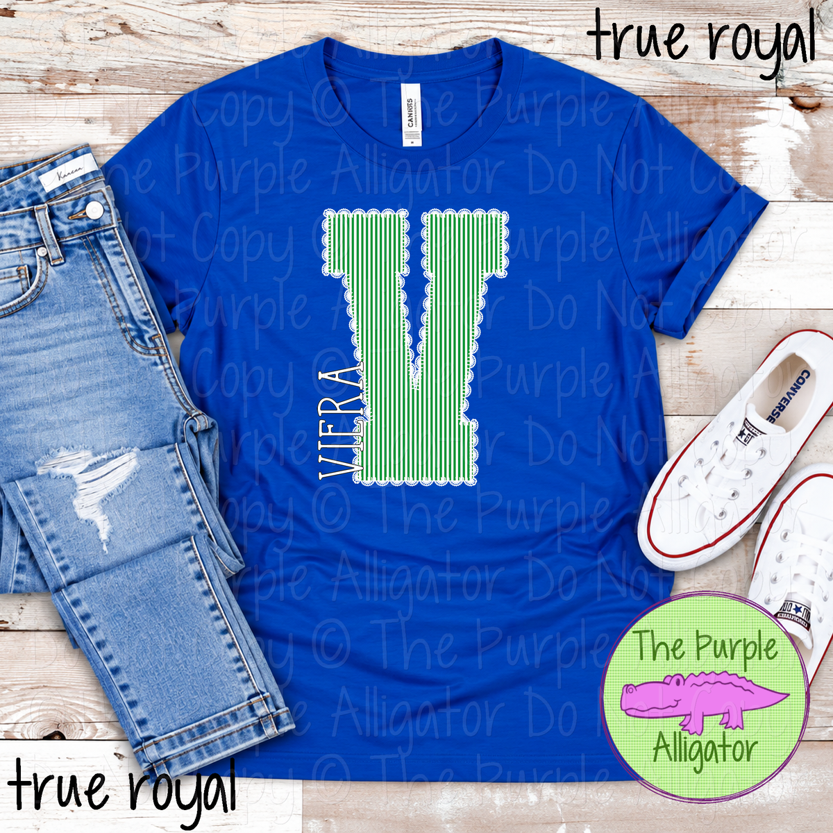 V Viera Middle Seersucker & Lace – Custom School Initial Spirit Wear with Lace Detail 1026 TPA