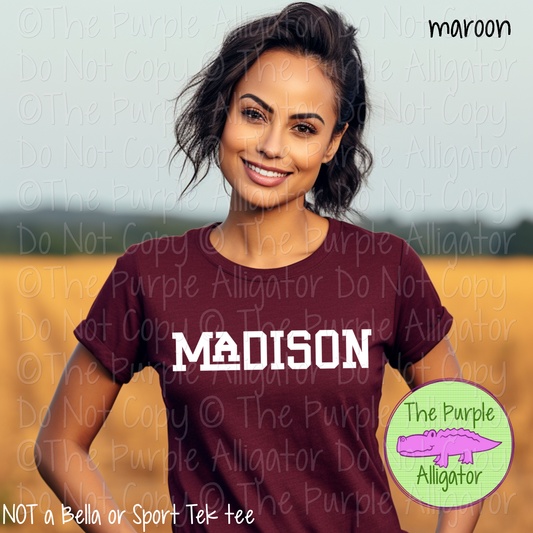 Madison Varsity Slab Funky | Bold & Playful Spirit Wear for Students, Staff & Fans - CHOOSE YOUR DESIGN COLOR 0725 (d2f TPA)