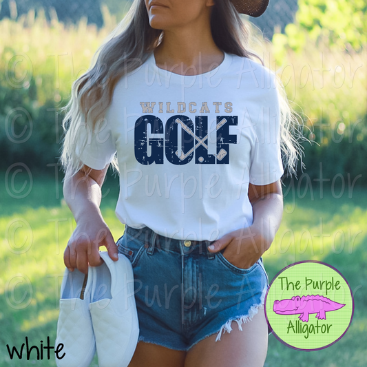Wildcats Golf DISTRESSED SC2 Mascot School Spirit - CHOOSE YOUR DESIGN COLORS (d2f TPA)