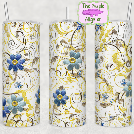 Blue Flowers Yellow Embroidery (BT) 20oz Tumbler