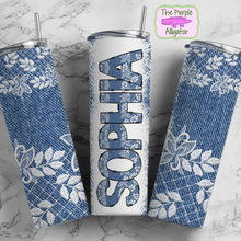 Load image into Gallery viewer, Denim &amp; Lace Doodle Letters Name Personalized (DLS) 20oz Tumbler