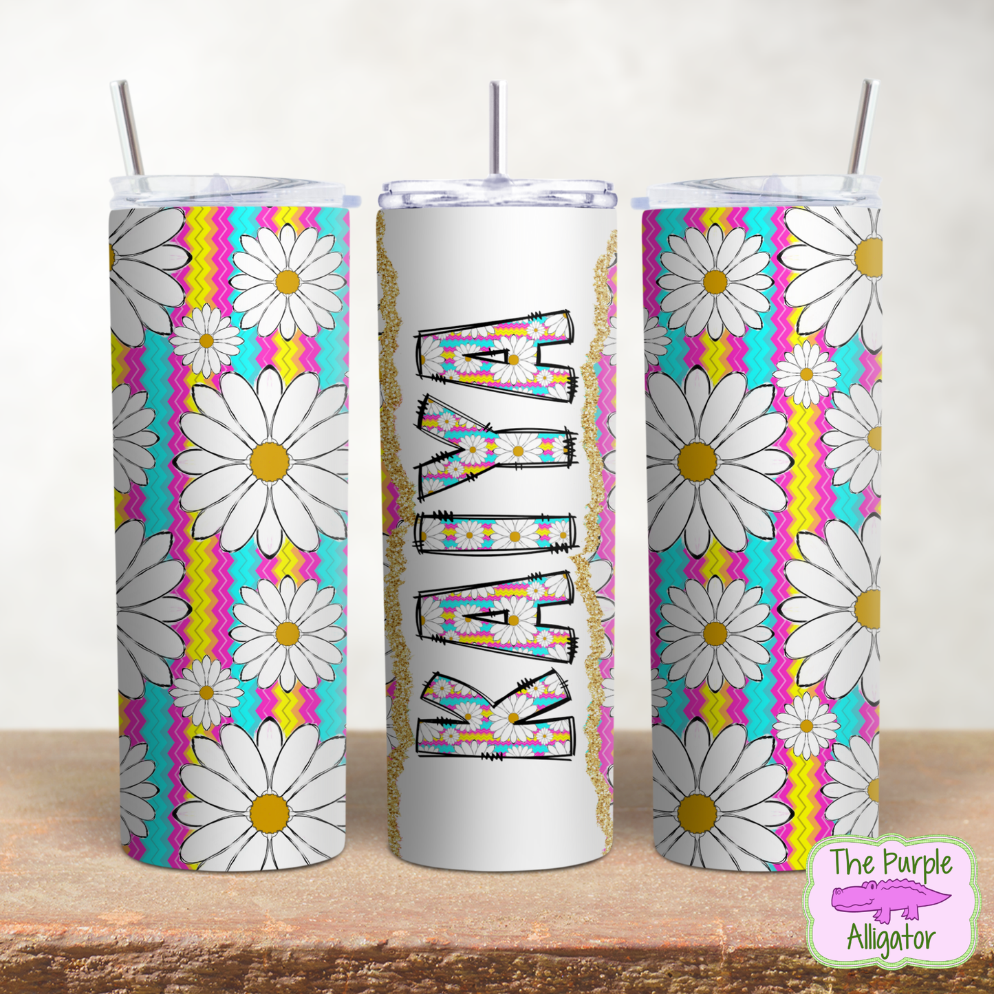 Groovy Daisies on Stripes Doodle Letters Name Personalized (DLS) 20oz Tumbler