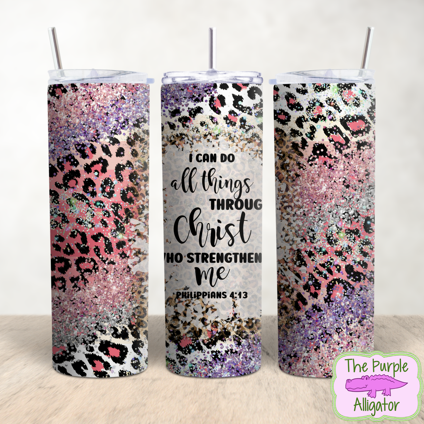 I Can Do All Things Glitter & Pink Leopard (BT) 20oz Tumbler
