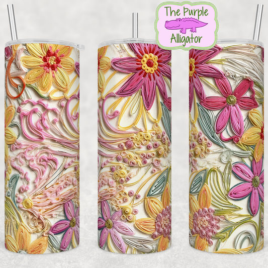 Pink & Yellow Flowers Embroidery (BT) 20oz Tumbler