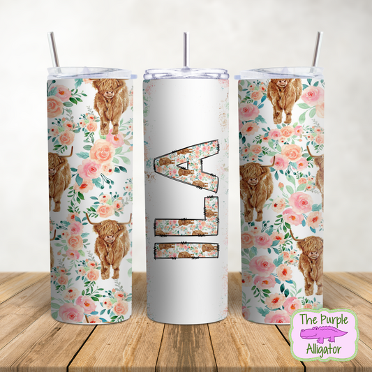 Pink Floral Highland Cow Doodle Letters Name Personalized (DLS) 20oz Tumbler