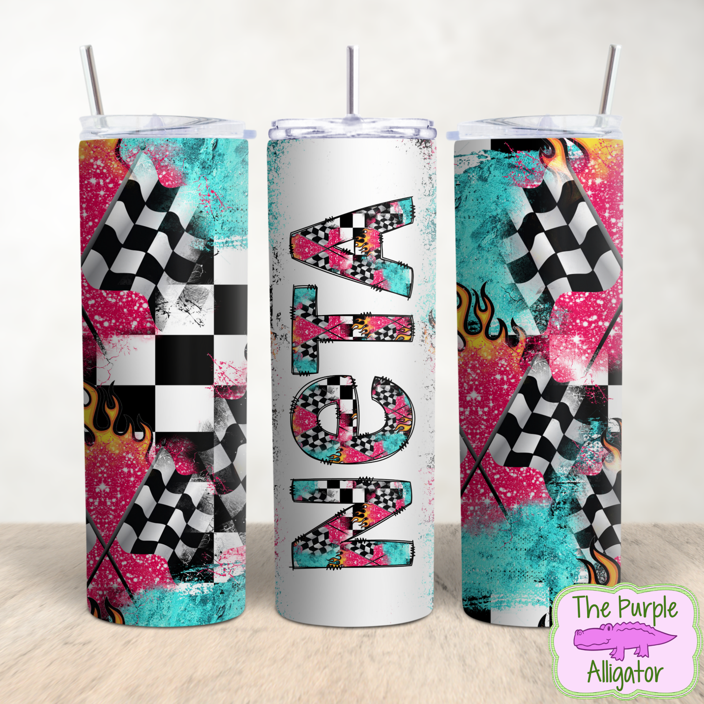 Pink Glitter Racing Flags Doodle Letters Name Personalized (DLS) 20oz Tumbler