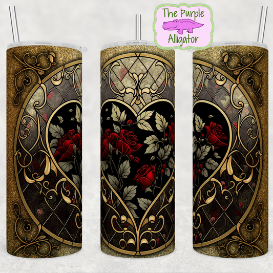 Stained Glass Gold Heart & Roses (BT) 20oz Tumbler