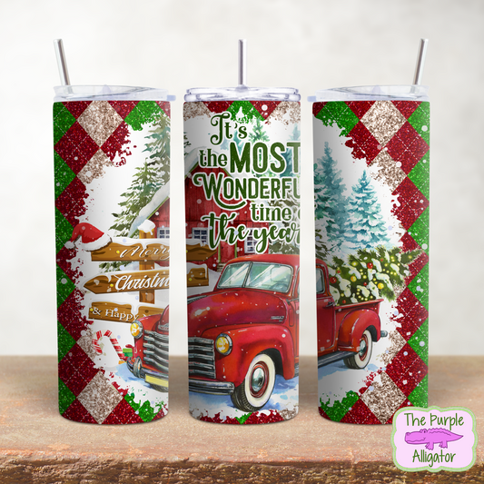 The Most Wonderful Time Red Truck Glitter Argyle (BBA) 20oz Tumbler