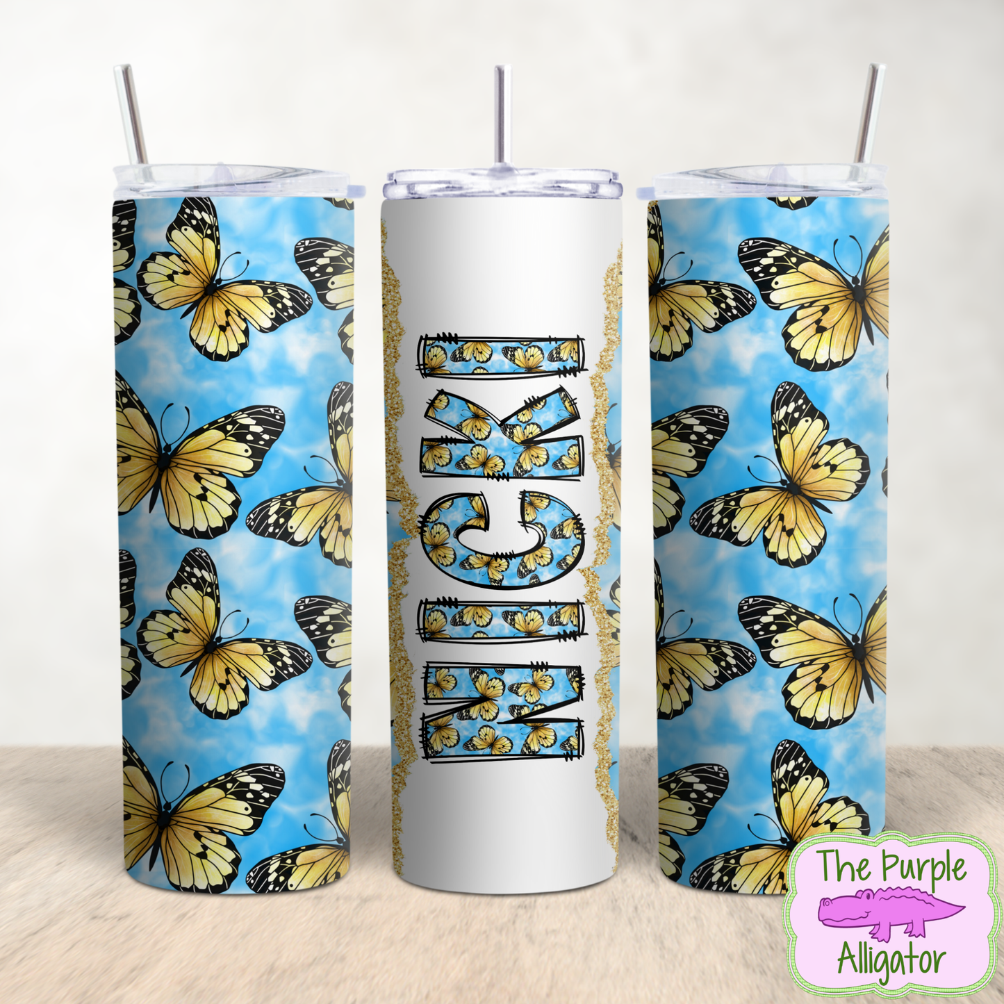 Yellow Butterflies on Blue Doodle Letters Name Personalized (DLS) 20oz Tumbler
